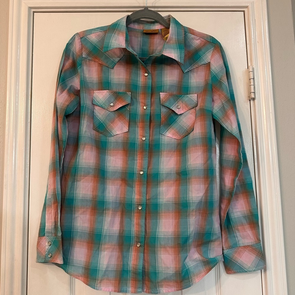 Wrangler Teal and Pink Plaid Pearl Snap Button-Down Shirt